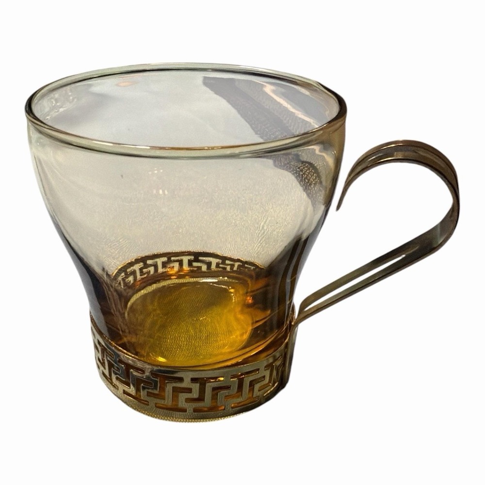 Vintage Amber Glass Cup with Greek Key Gold Tone‎ Metal Base and Handle Espresso